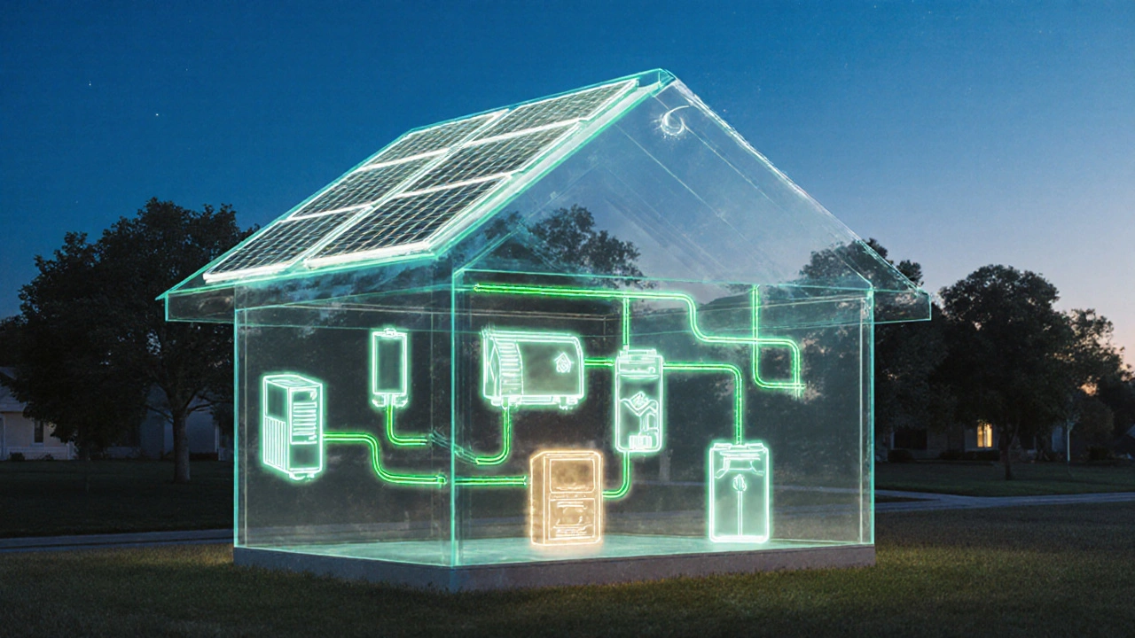 Průhledný dům s grafickými tokem energie od slunečních panelů přes akumulátor k spotřebičům, noční režim s návratem energie.