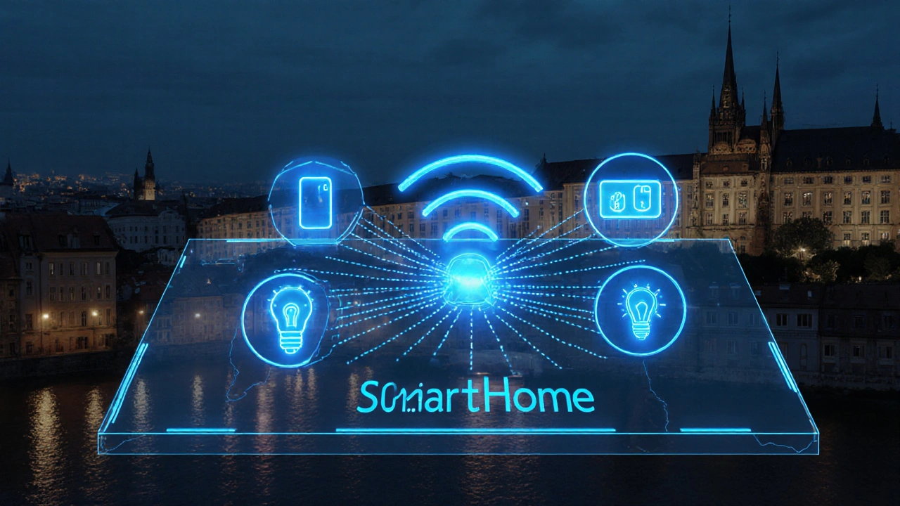 Průhledný plán domu s oddělenou bezpečnou Wi-Fi sítí pro chytrá zařízení v Praze.