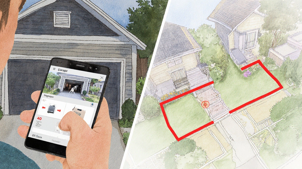 Rozdělený obraz: levá strana ukazuje mobilní aplikaci s警报 pro garáž, pravá strana zobrazuje hranici vlastního pozemku.