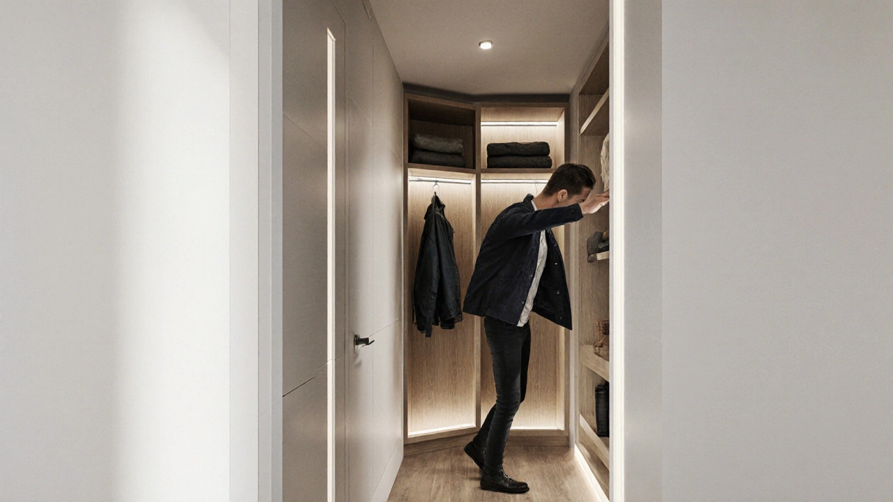 Široká skříň v úzkém chodbičkovém prostoru s otevřenými regály a LED osvětlením.