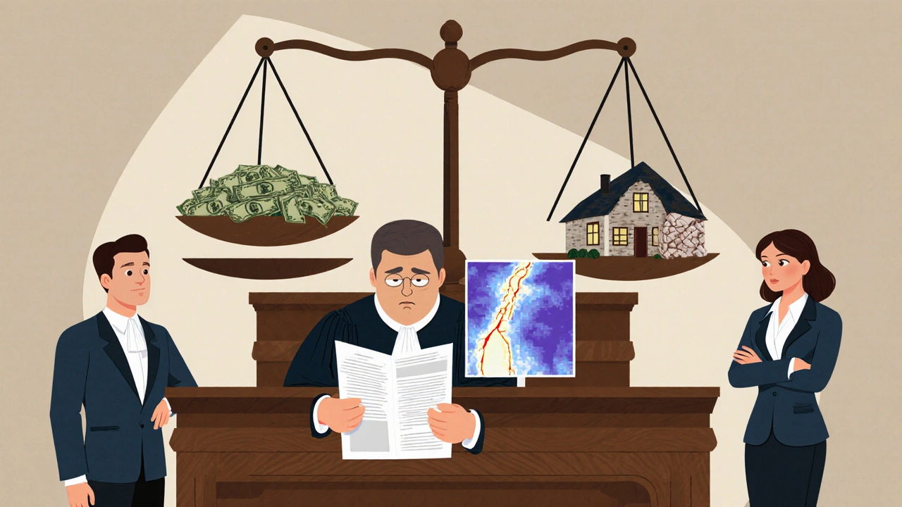 Soudní sál s expertním posudkem a tepelným obrazem základů, symbolizující právní spor o nemovitost.