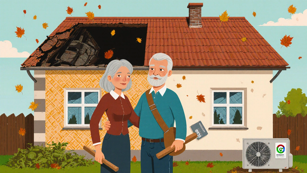 Starý dům s poškozenou střechou a částečnou energetickou rekonstrukcí