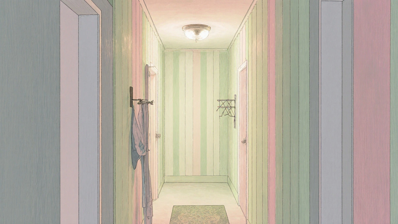 Svislé pastelové pruhy na zdi chodby, které opticky zvyšují strop.