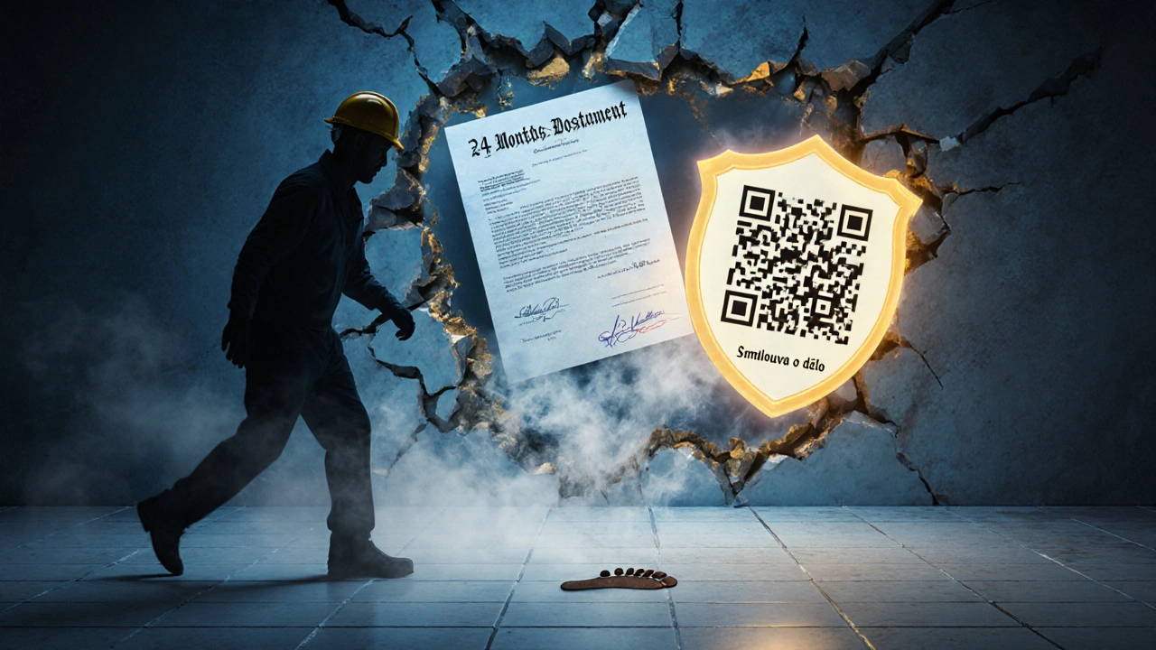 Symbolická scéna s ochranným štítem kolem záručního listu a smlouvy nad zničenou zdí.