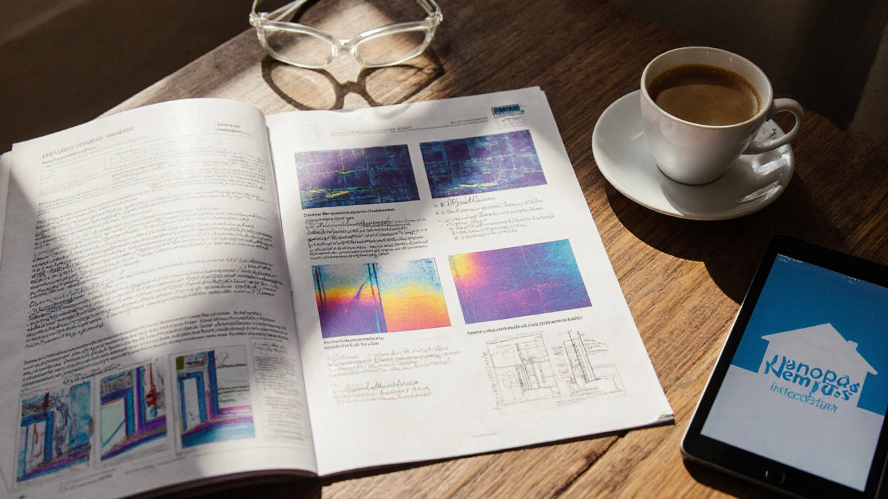 Technická zpráva o stavu nemovitosti leží na stole s kávou a pomůckami.