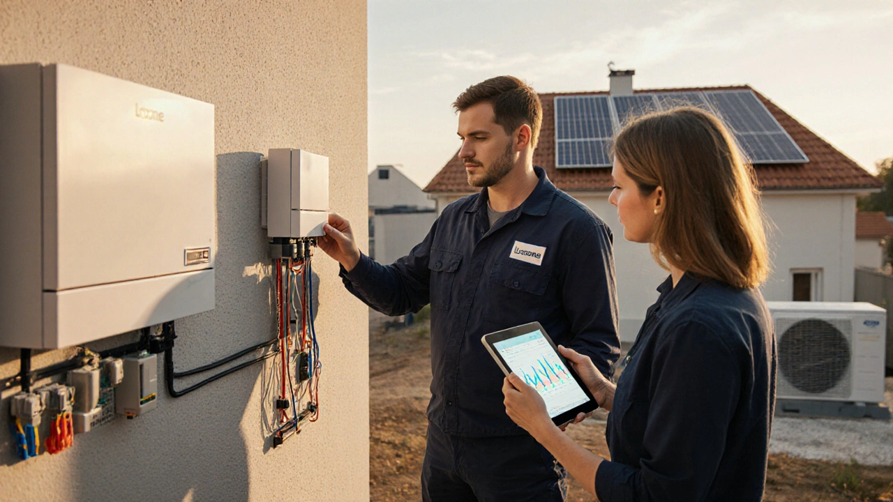Technik instaluje chytrý energetický systém Loxone v novém domě, v pozadí sluneční panely a majitel sleduje tablet.