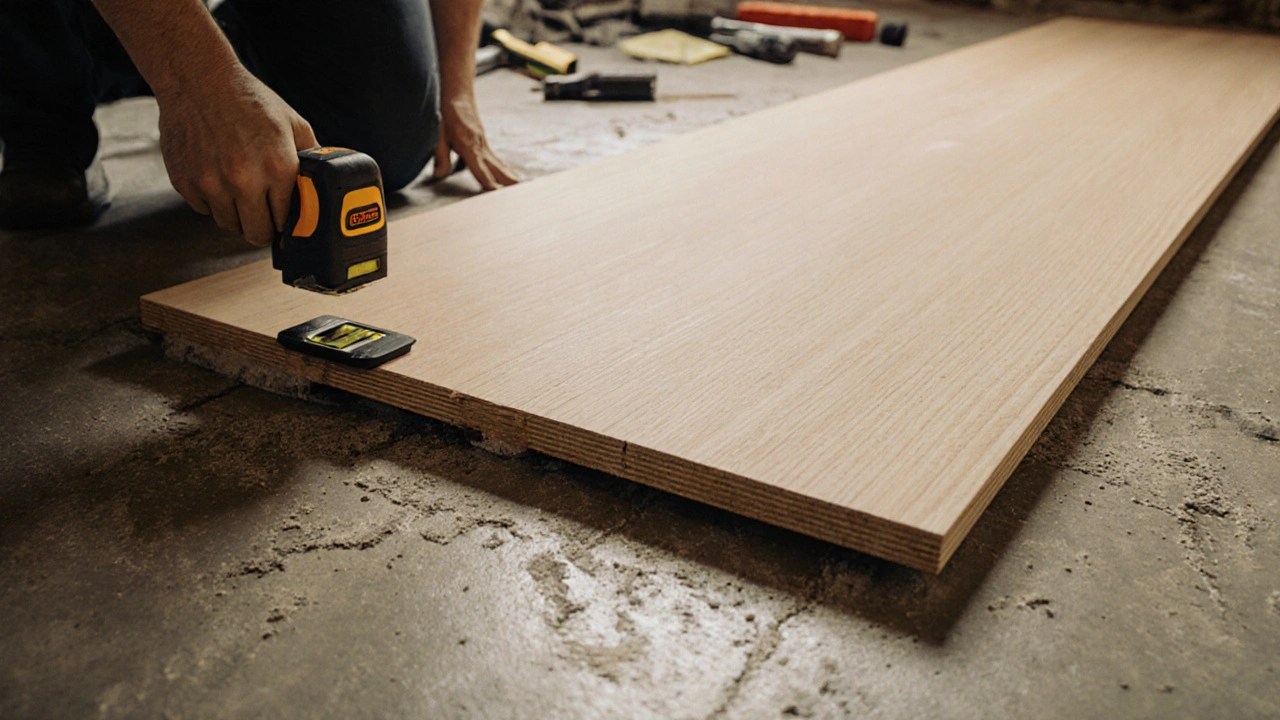 Technik měří rovinnost podlahy před instalací velkoformátových SPC prken.