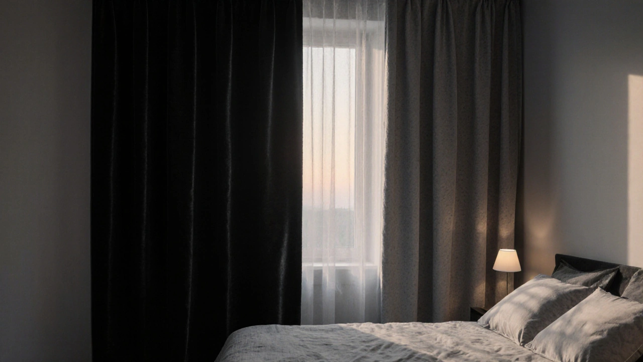 Tmavý závěs zamezuje světlu ve spalně, zatímco jemná záclona připouští jemné večerní osvětlení.