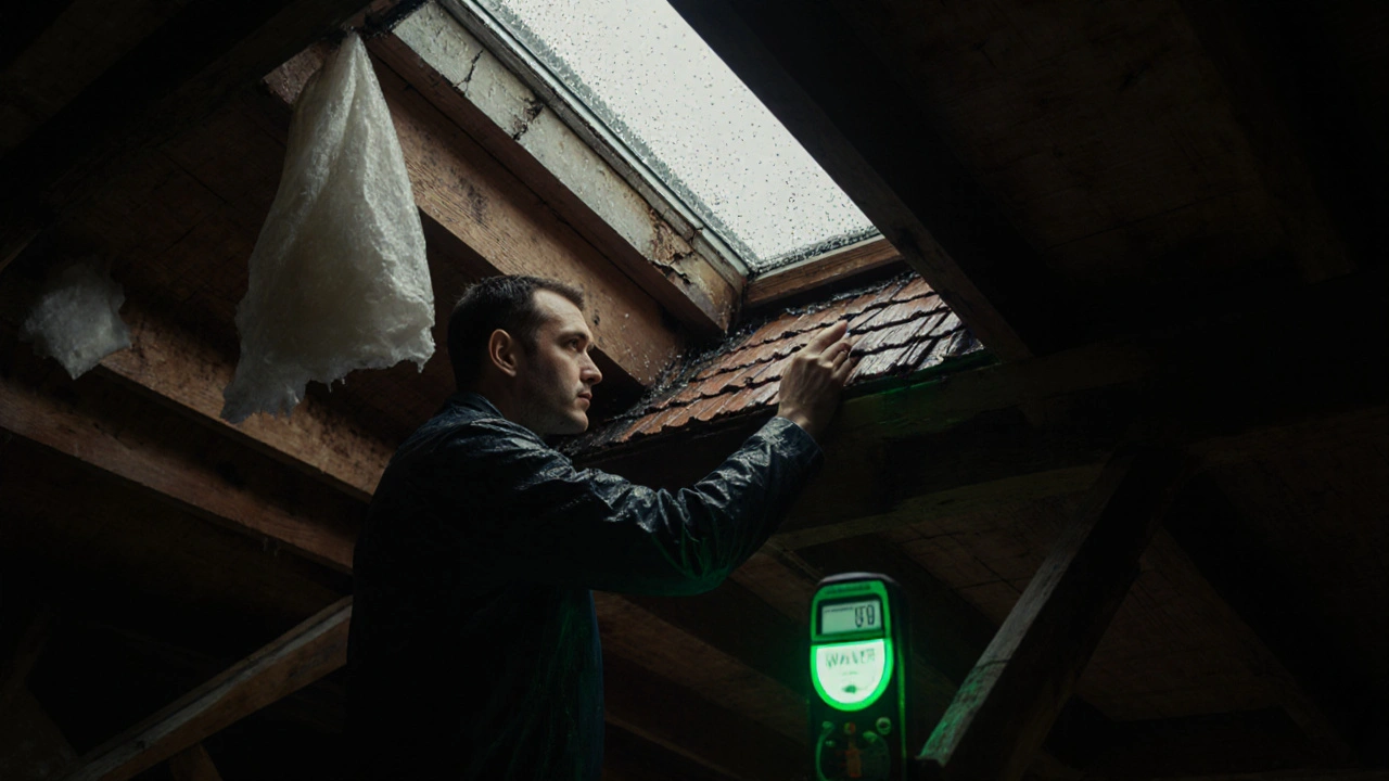 V podkroví se inspektor podívá na známky úniku vody po dešti.