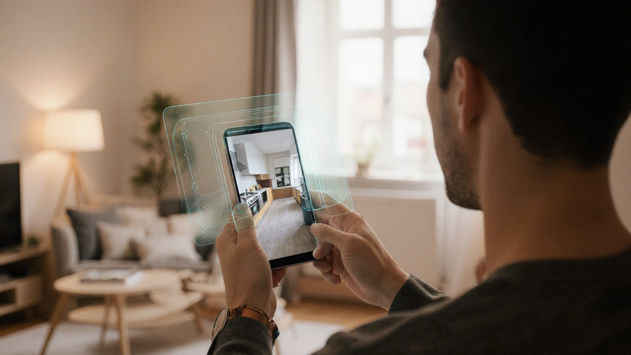 Zákazník prochází virtuální 3D prohlídkou bytu na smartphone doma.