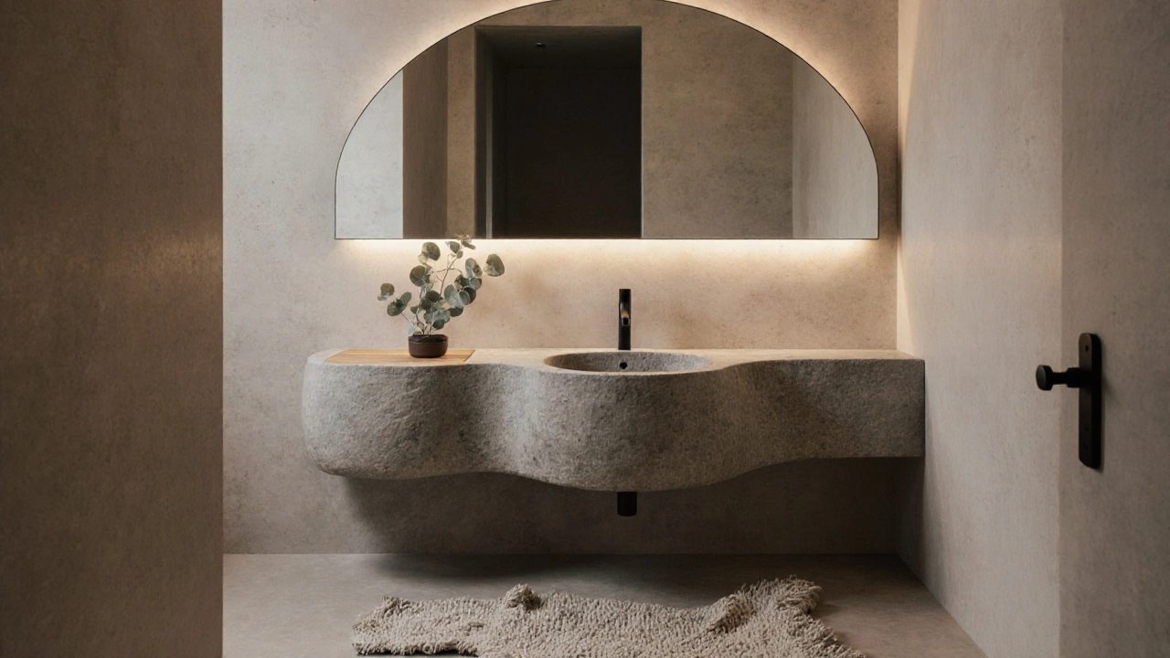 Zaoblené umyvadlo a obloukové zrcadlo v klidné koupelně