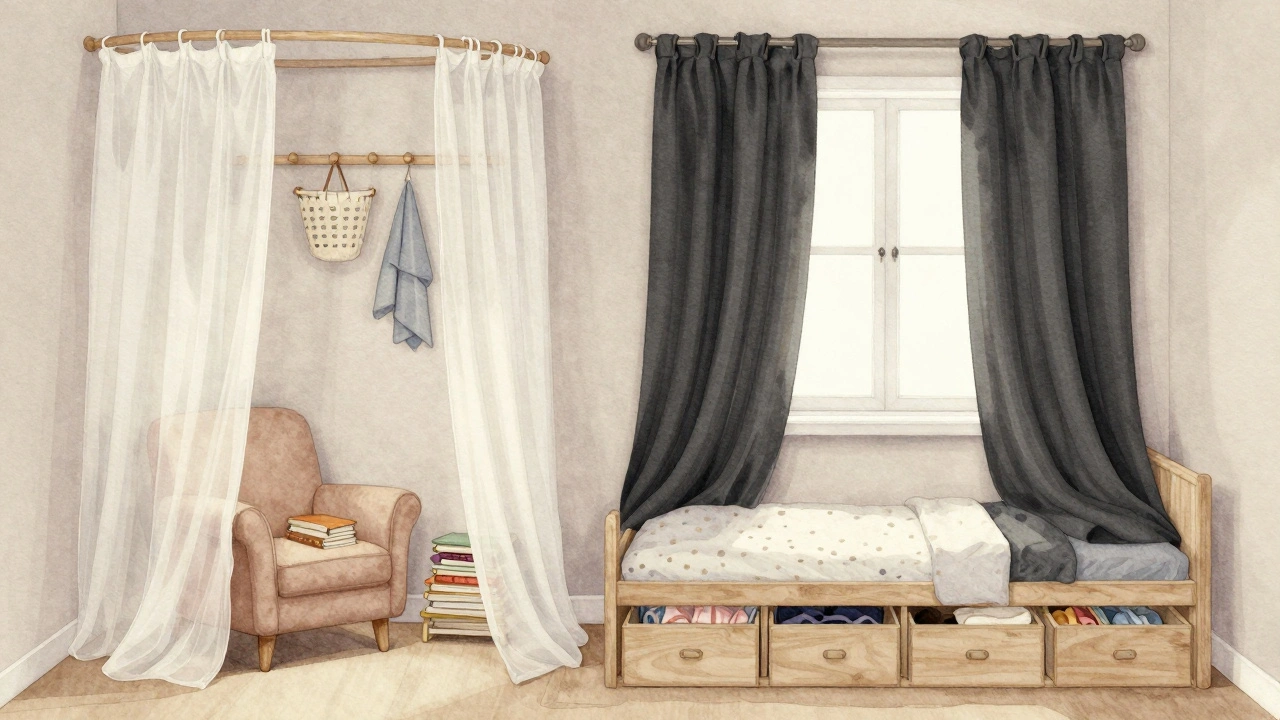 Dětský pokoj s vrstvami závěsů: lehký pro čtecí koutek a tmavý pro zastínění okna.