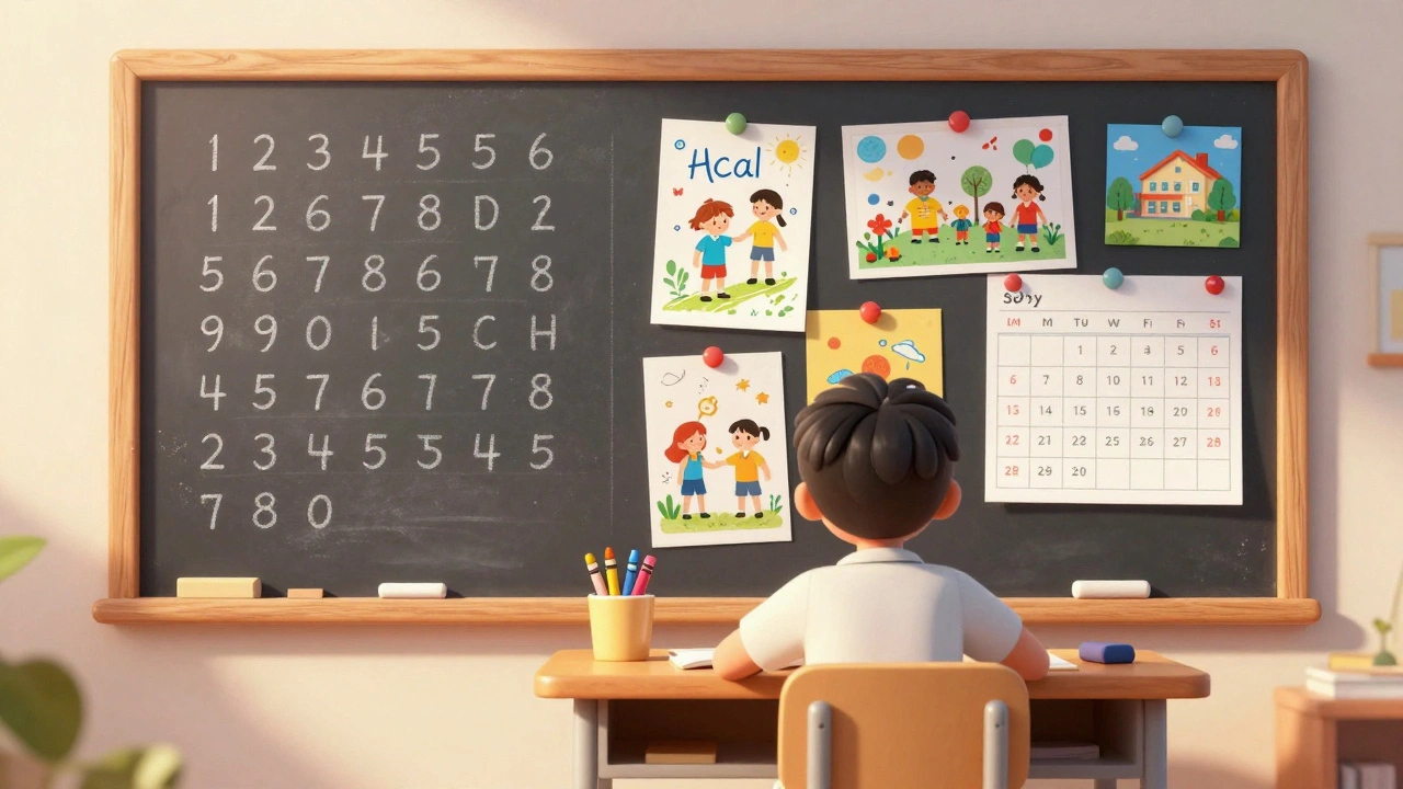 Dítě piše čísla na křídové straně oboustranné tabule, zároveň na magnetické straně jsou kresby a kalendář.