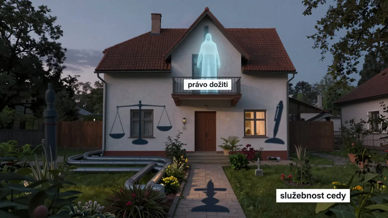 Dům s průhlednými zobrazeními skrytých práv: potrubí, cesta a právo dožití na pozemku.