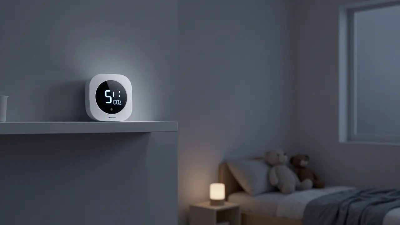 IKEA VINDSTYRKA senzor v dětském pokoji měří teplotu a vlhkost, ale ne CO₂.