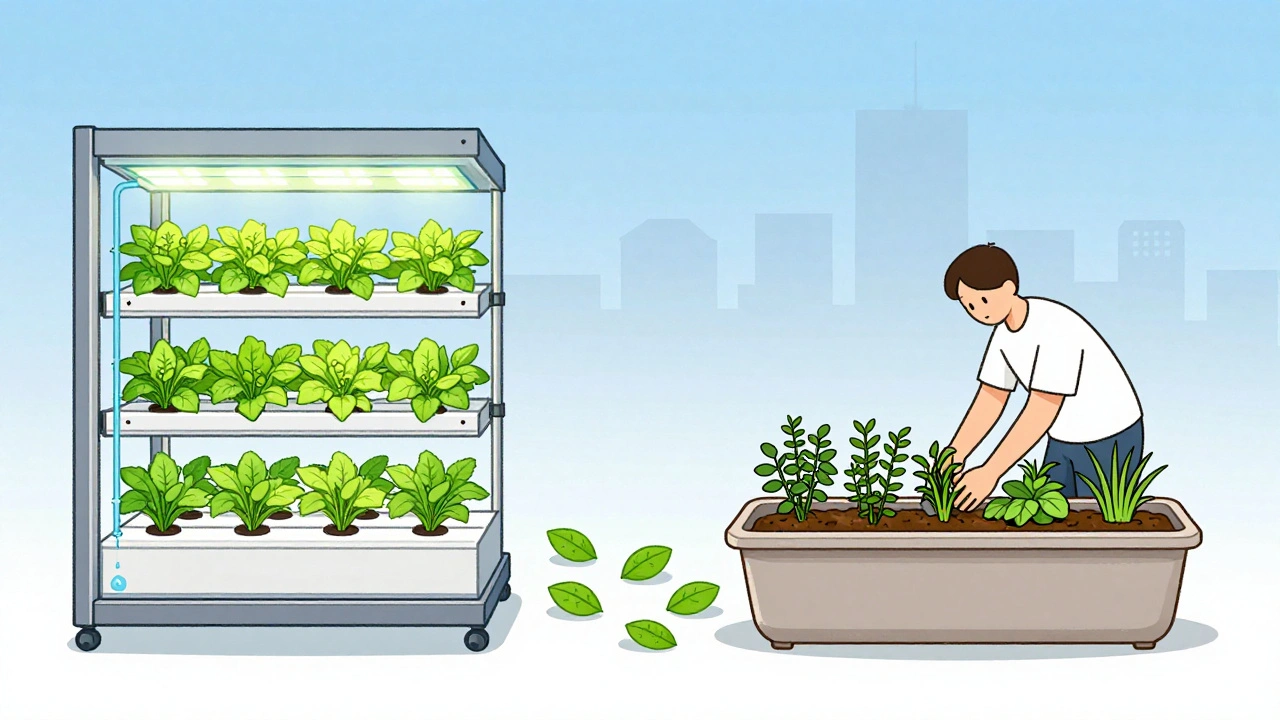 Konceptuální obrázek hydroponického a půdního systému s listy plujícími mezi nimi.