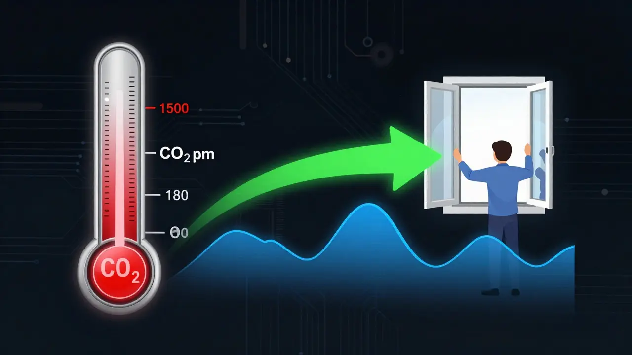Konceptuální vizualizace chytrého domu, kde data o kvalitě vzduchu vedou k otevření okna.