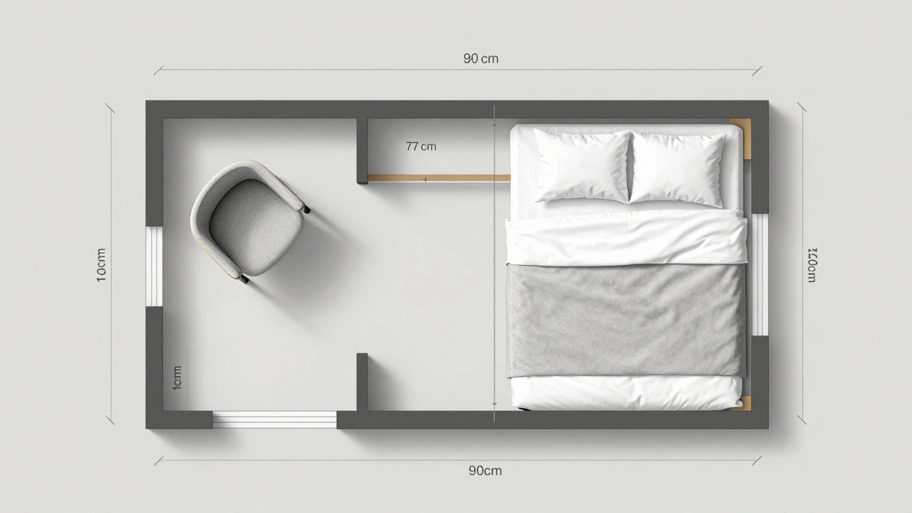 Minimální plán bytu s vyznačenými správnými vzdálenostmi pro pohyb a nábytek v milimetrech.