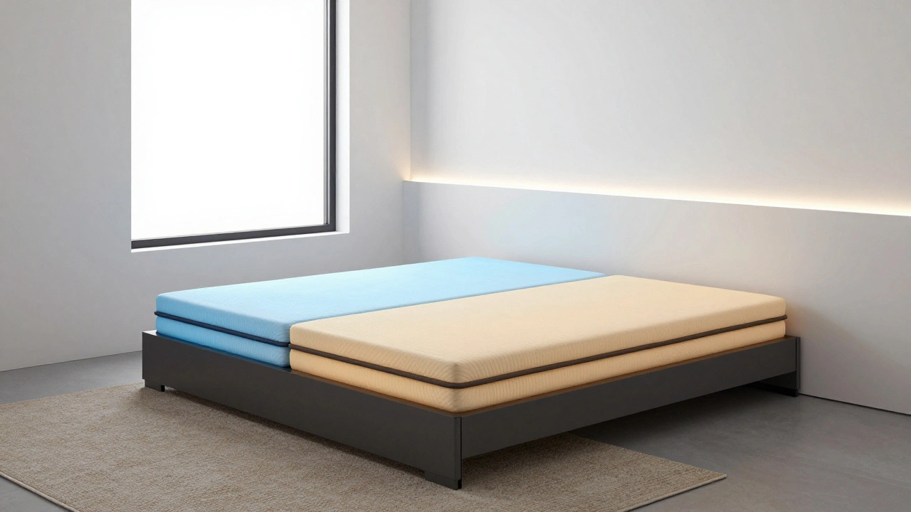 Moderní inteligentní postel s teplotním rozdělením, v minimalistické ložnici s přirozeným osvětlením a úložným prostorem.