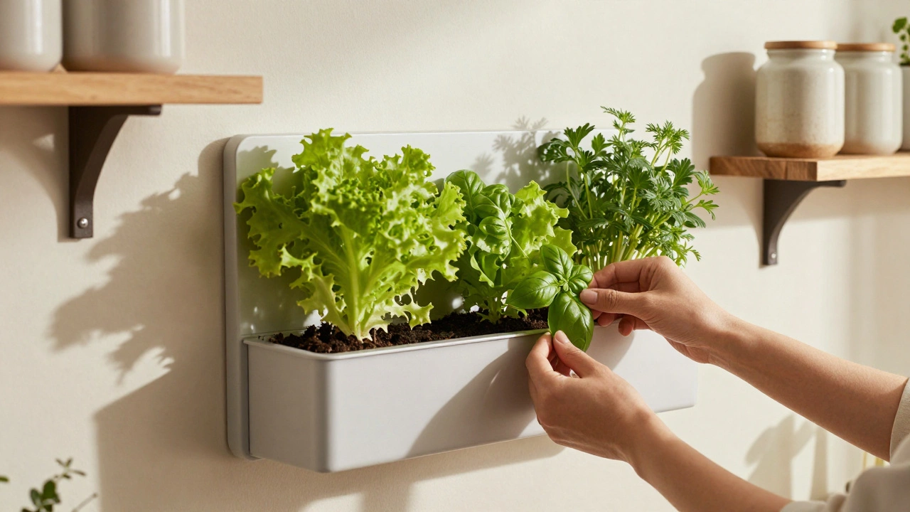 Modulární půdní systém na stěně s čerstvými bylinkami a rukou, která sbírá listí.