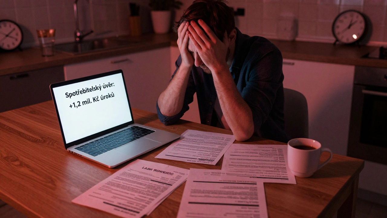 Muž v noci přehlíží smlouvy s vysokými úroky na kuchyňském stole.