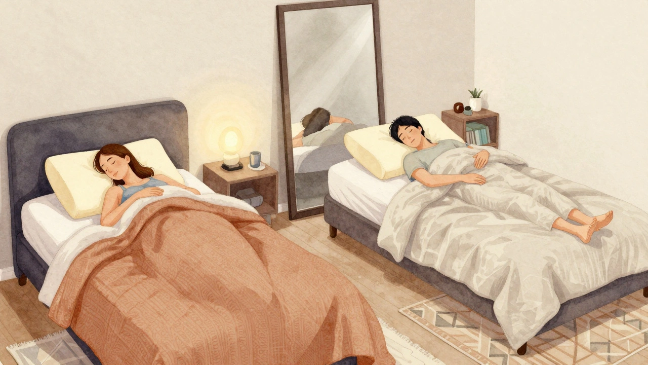 Pár spí na jedné posteli, každý s vlastním polštářem a přikrývkou, v klidném, mírně osvětleném prostoru.