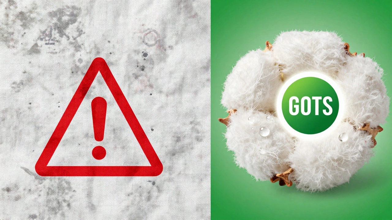 Porovnání bavlny: jedna strana chemicky znečištěná, druhá čistá s certifikací GOTS.