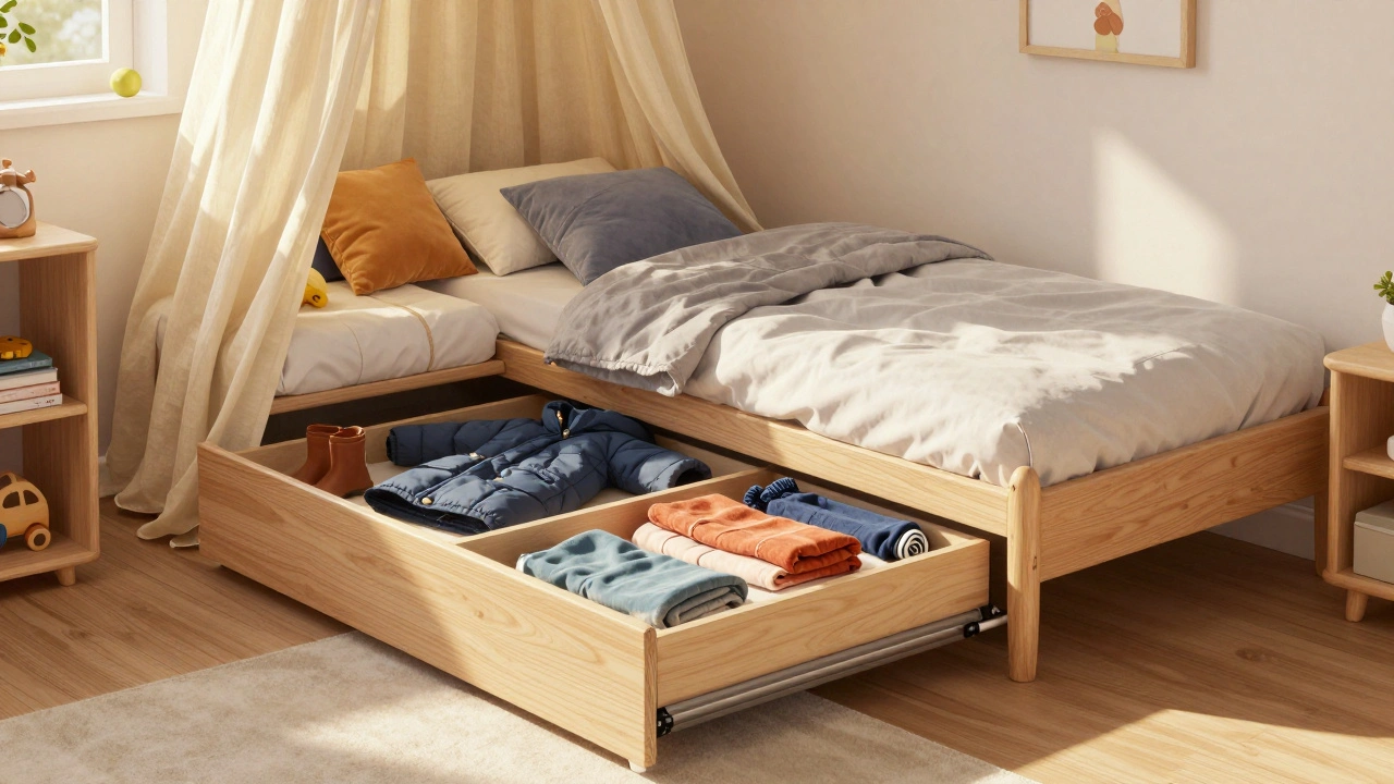 Postel s integrovanými zásuvkami pod lůžkem, ve kterých jsou uloženy sezónní kusy oblečení.