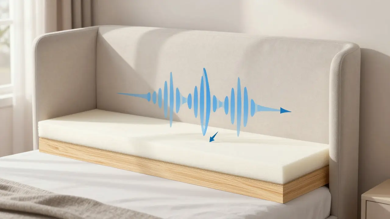 Příčný řez čalouněného záhlaví s vrstvami látky a pěny, znázorňující pohlcování zvuku.