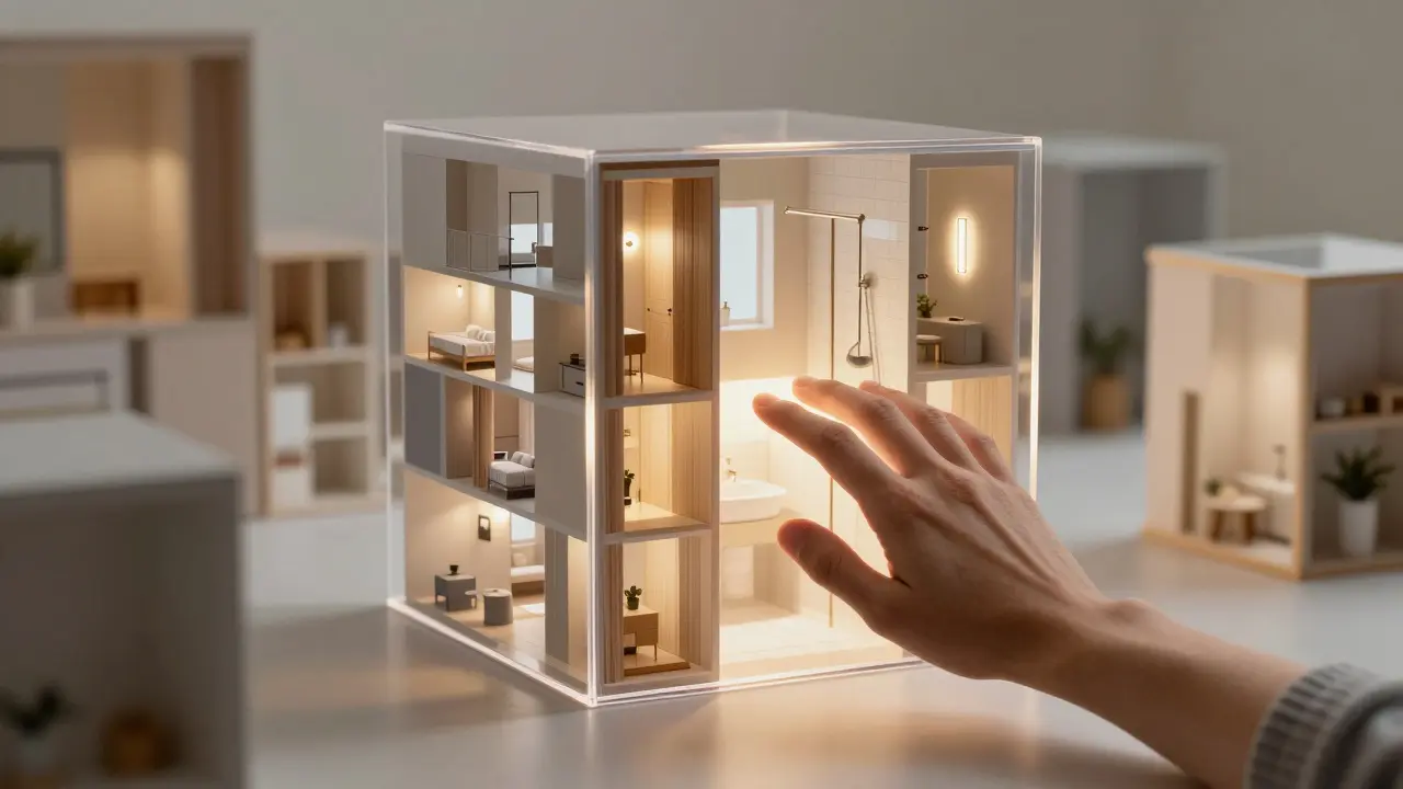 Průhledná kostka obsahující více bytů s identickým designem, symbolizující důvěru a předvídatelnost.