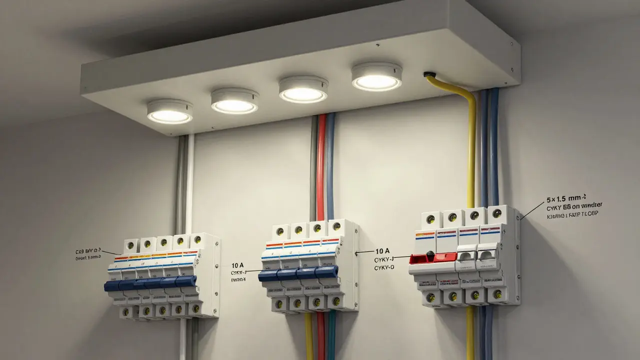 Rozváděč s třemi samostatnými světelnými okruhy a kabely 1,5 mm², označenými pro různé místnosti.