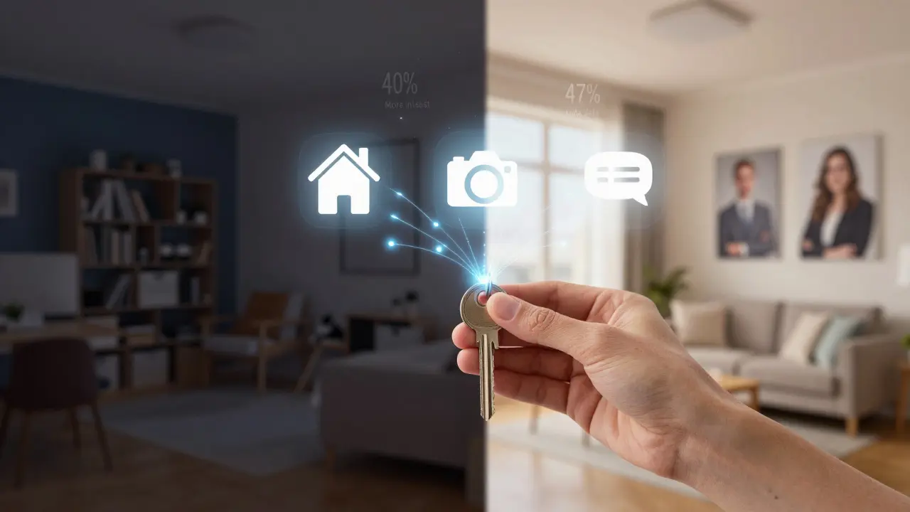 Ruka drží klíč, který je spojen s ikonami fotografie a příběhu, za nimi dva různé byty – tmavý a světlý.