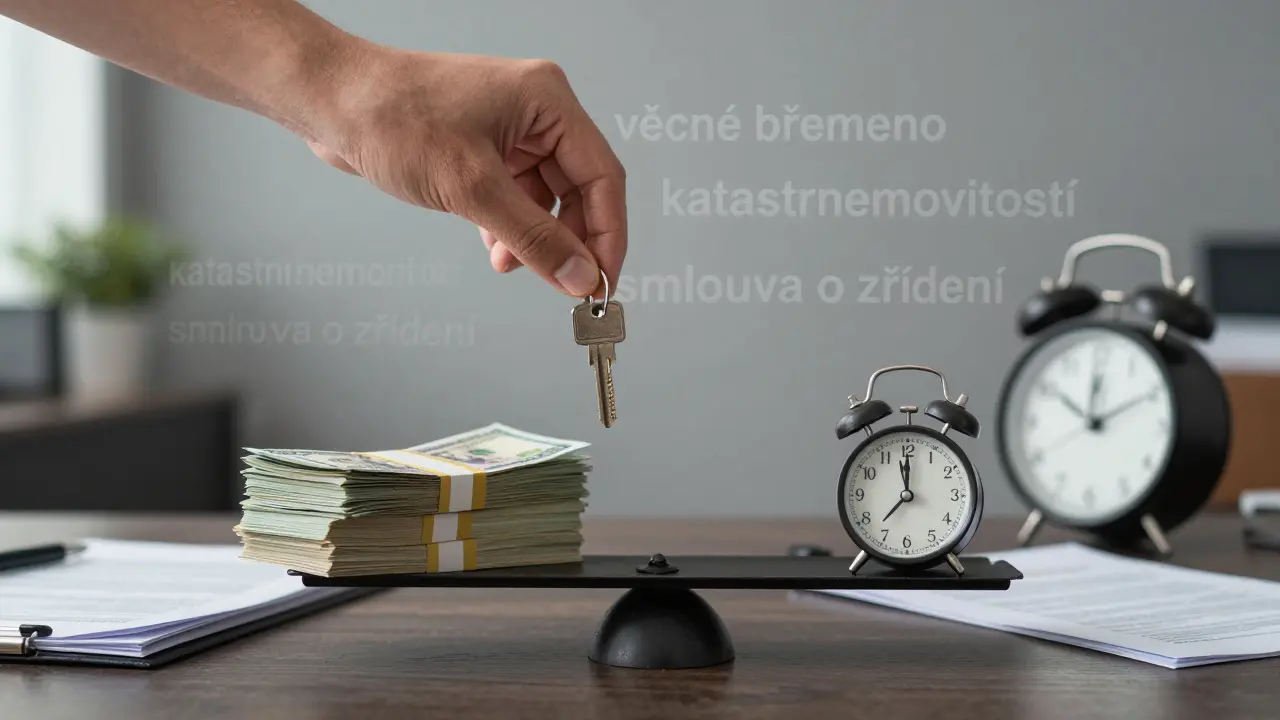 Ruka klade klíč na váhu proti penězům a hodinám, symbolizující ztrátu hodnoty kvůli věcnému břemenu.