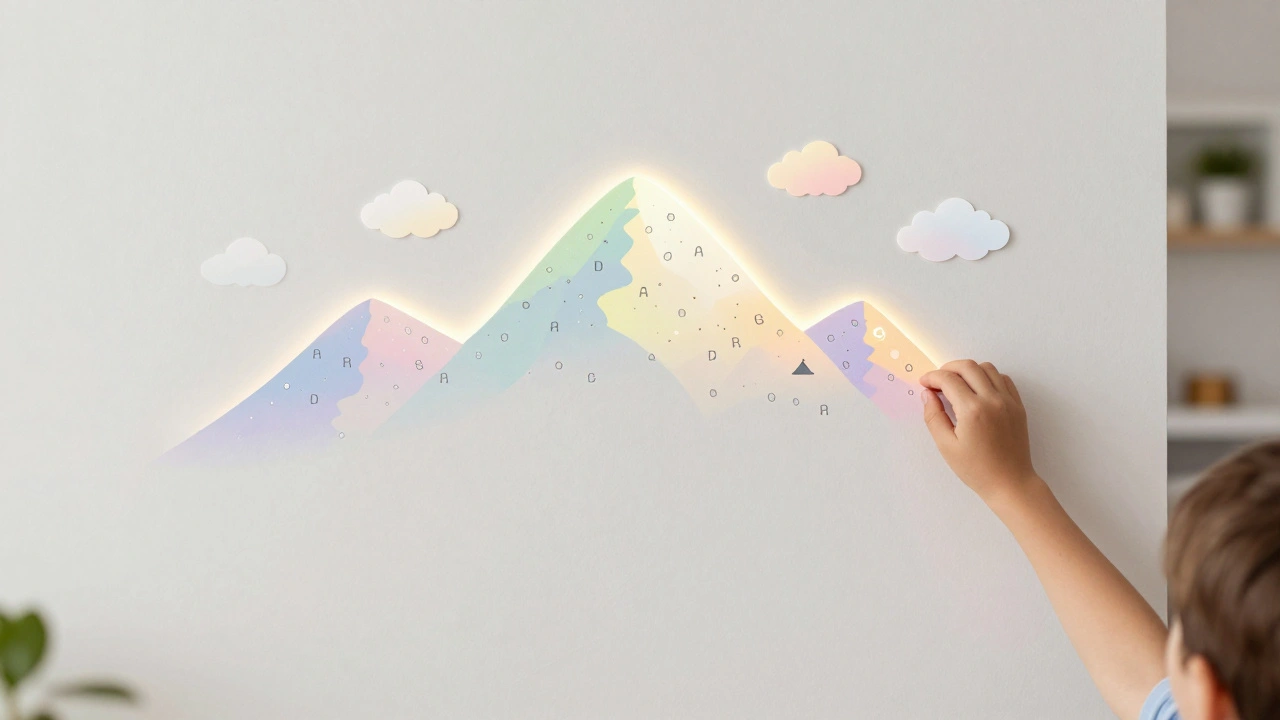 Samolepící nástěnná dekorační hora s magnetickými postavičkami a kresbami, bez vrtných děr ve zdi.