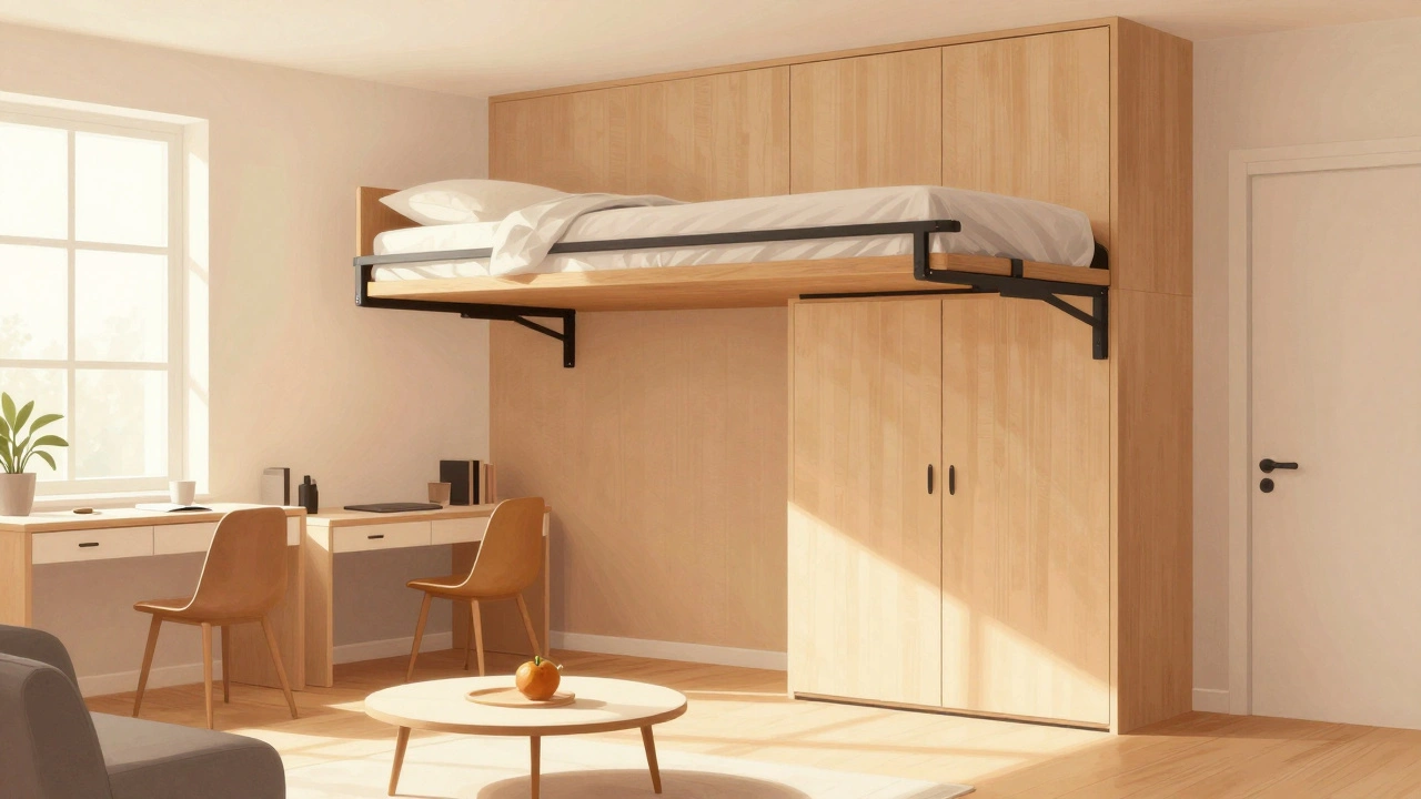 Sklopná postel Murphy skrytá ve zdi, odhalující otevřený obývací prostor.