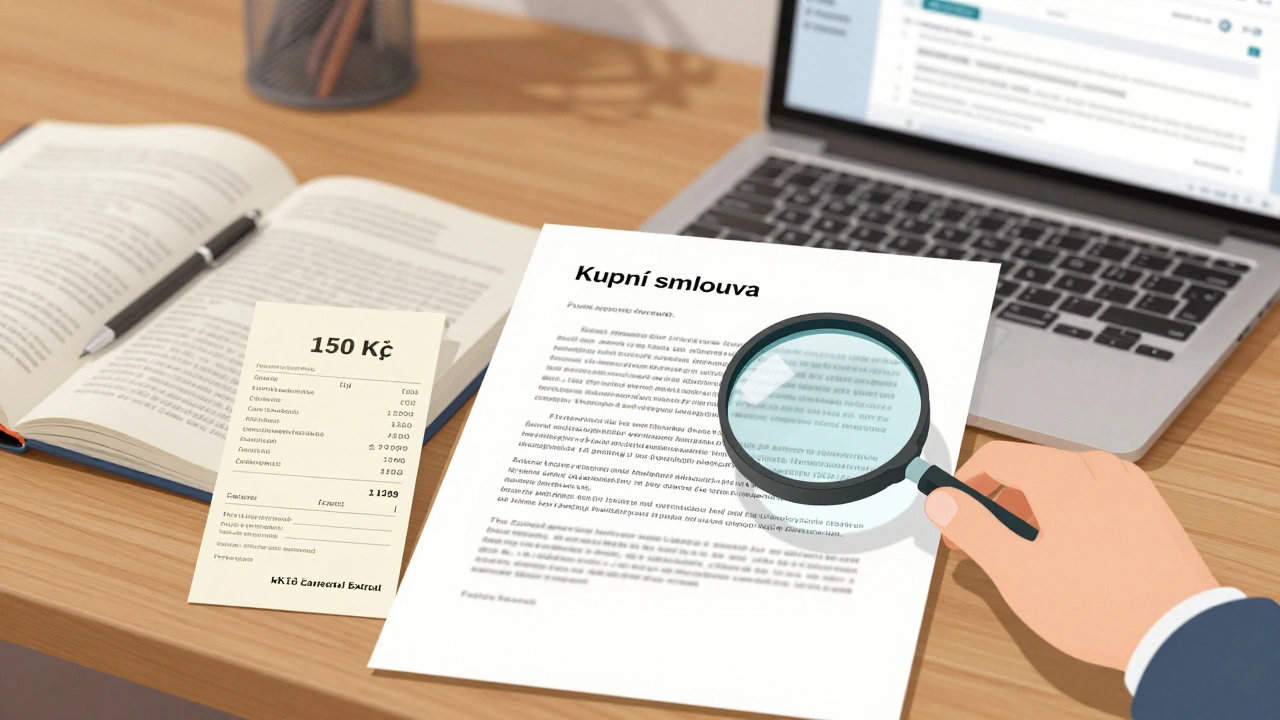 Stůl s kupní smlouvou, výpisem z katastru a dokumenty, zvětšovací sklo na právním textu.