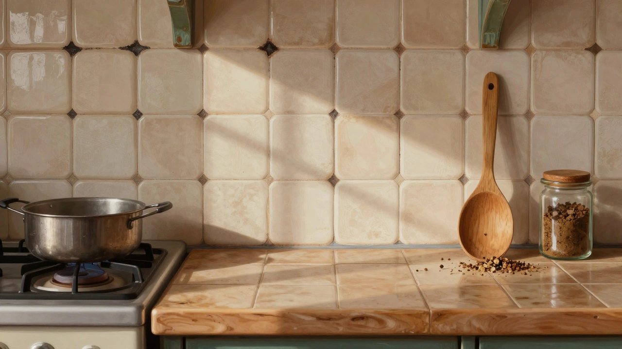 Tradiční keramické obklady s černými spárami u sporáku.