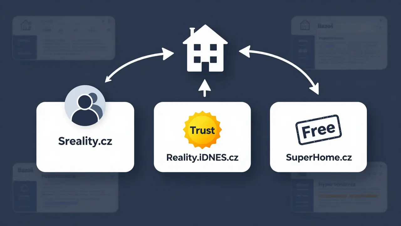 Tři realitní portály: Sreality.cz, Reality.iDNES.cz a SuperHome.cz s ikonami návštěvnosti a důvěry, ostatní jsou rozbité.