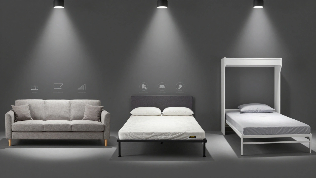 Tři typy skládacího nábytku vedle sebe: pohovka, rozkládací postel a Murphy postel.