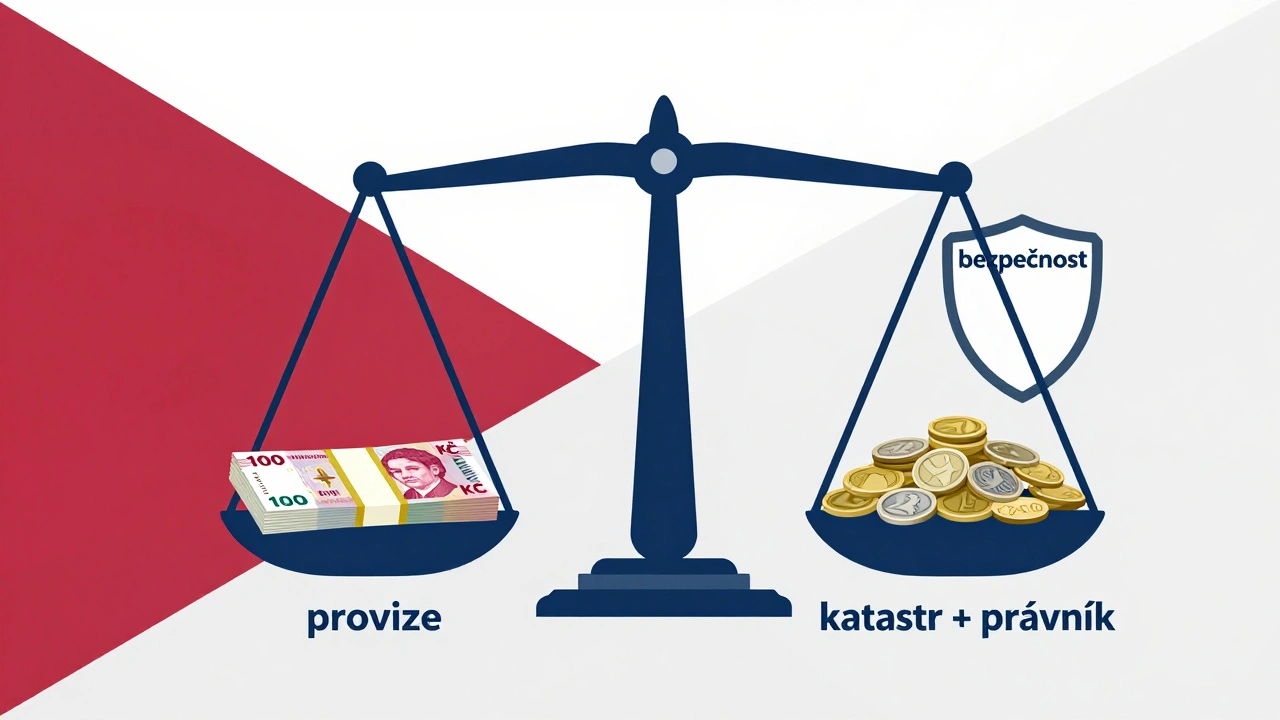 Váha: malá hromádka peněz za provizi proti větší hromádce za právní kontrolu a katastr.
