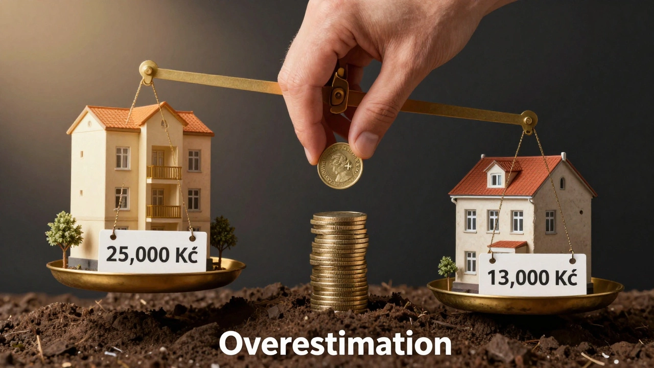 Váha s luxusním bytem a běžným bytem, symbolizující přecenění nájemného.