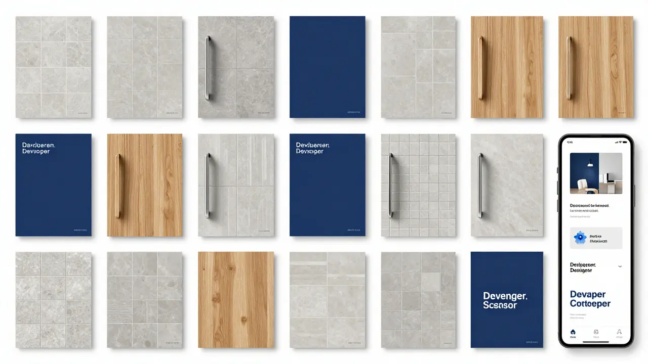 Vizuální návrhový plátno s barevnými vzorky, materiály a typografií v jednotném stylu developerovy značky.