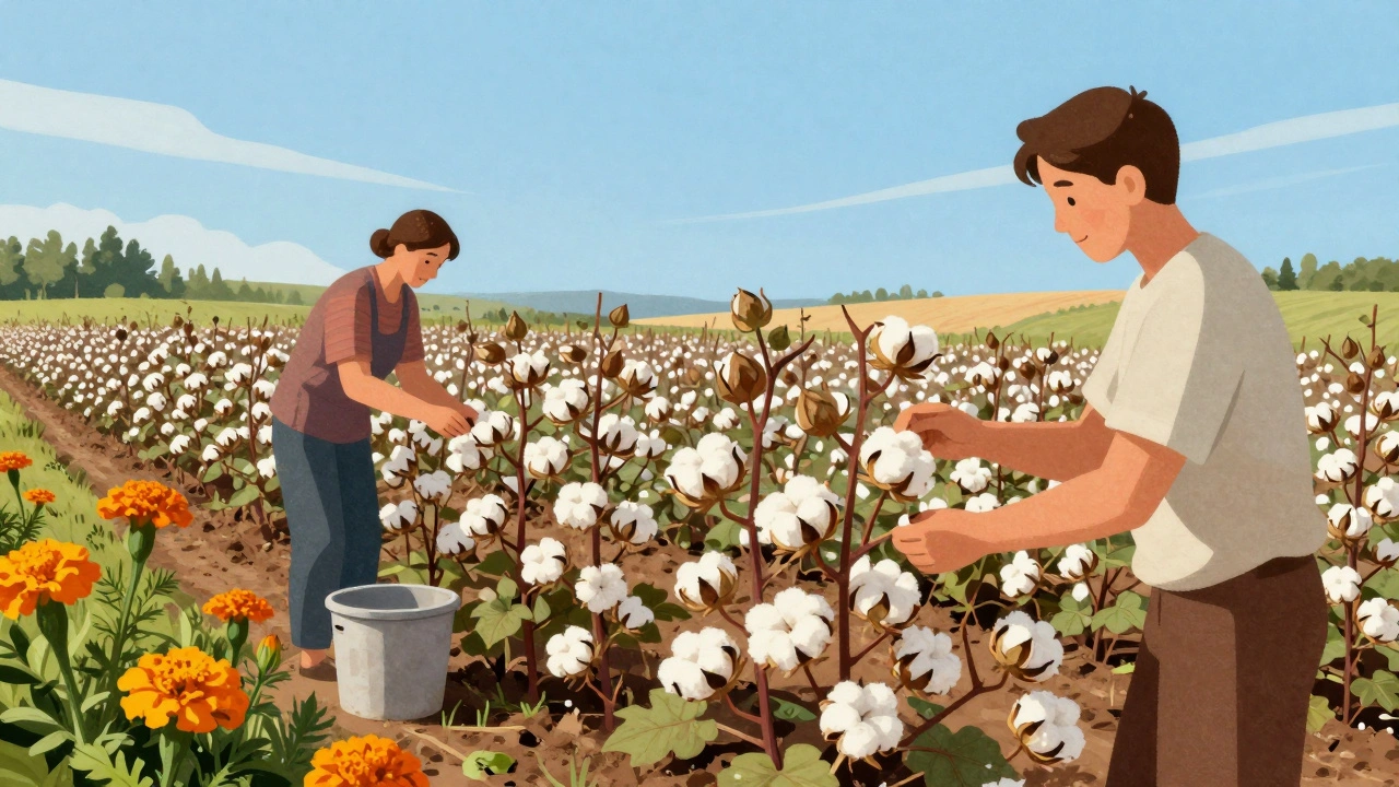 Zemědělec ručně sbírá biobavlnu na poli s přirozenými rostlinami proti škůdcům.