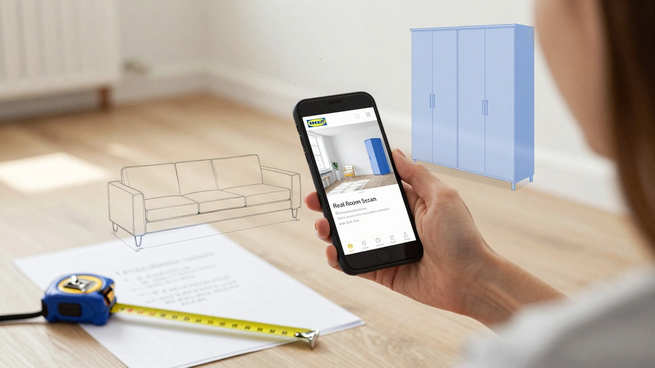 Žena skenuje místnost telefonem, vedle ní leží ručně naměřené rozměry a nábytek ve formě kontur.