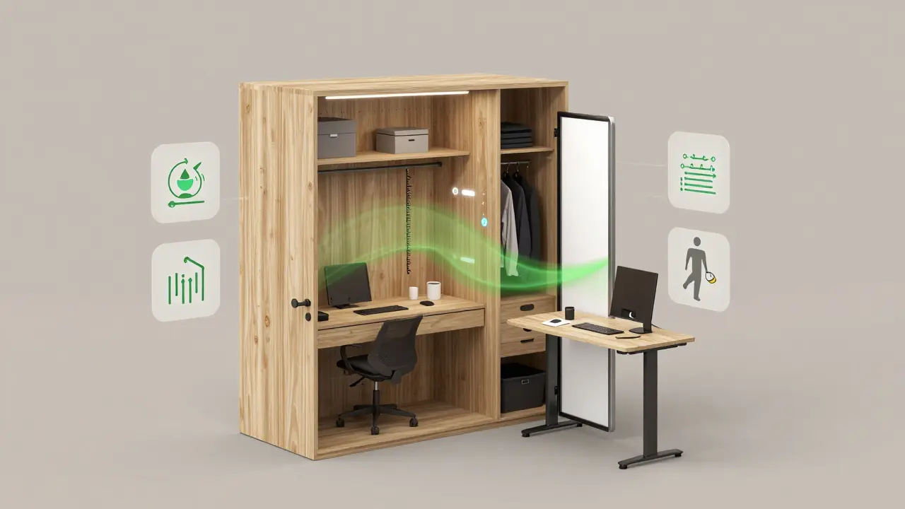 Chytrá skříň s automaticky upravitelným stolem a recyklovanými materiály v moderním bytě.