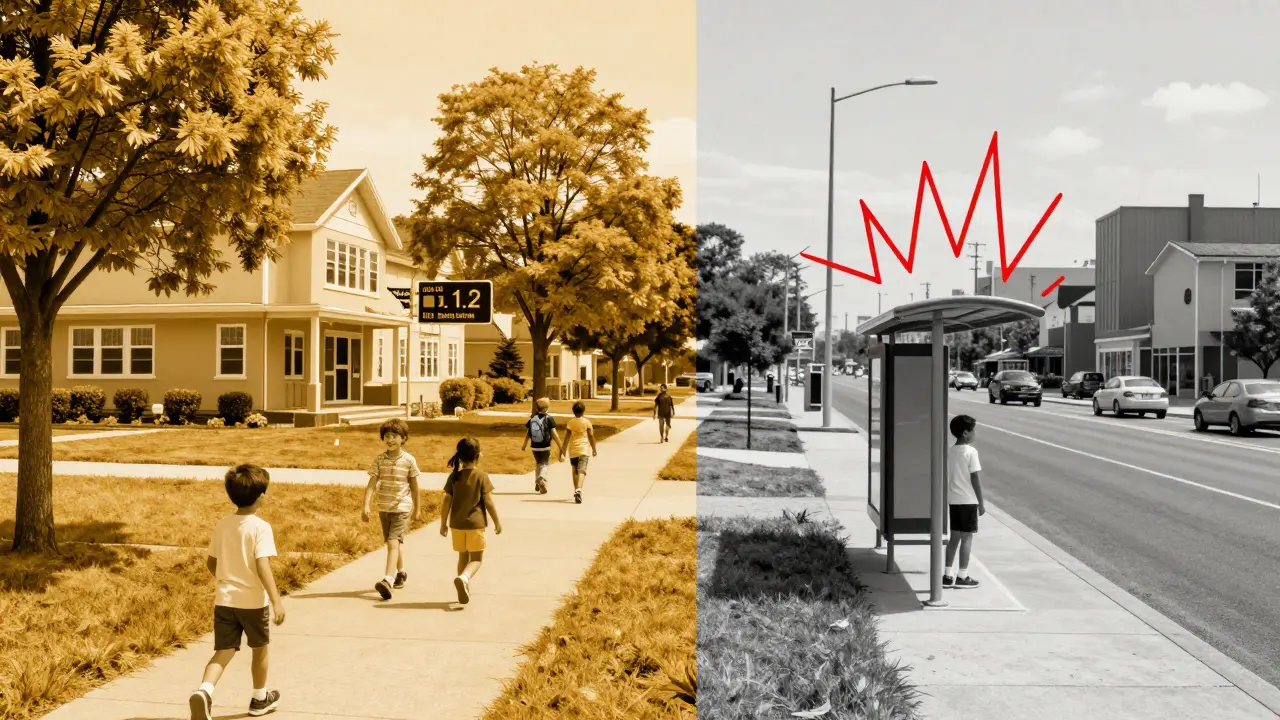 Dvě části města: jedna s bezpečnou cestou do školy a druhá s dítětem čekajícím na autobus u silnice.