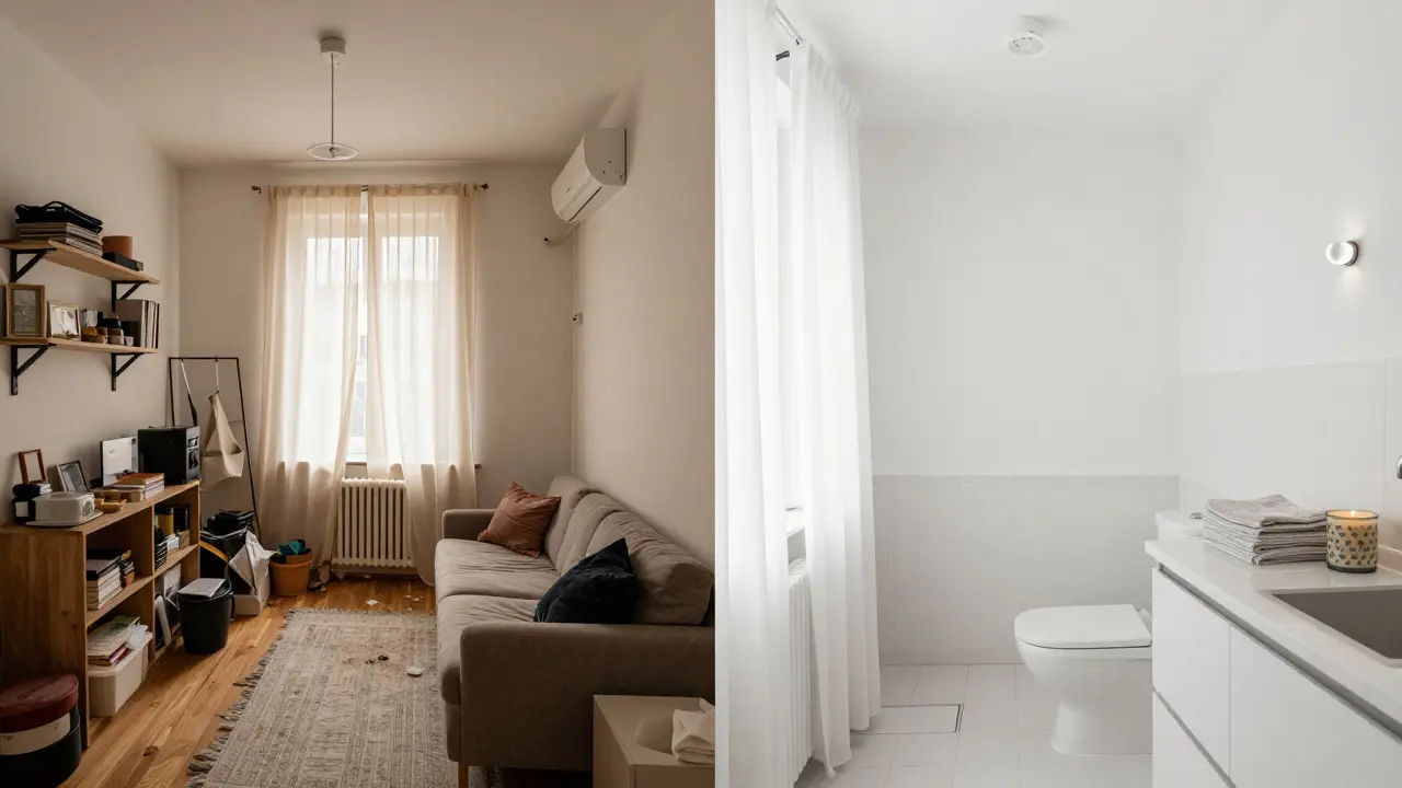 Dvě části obrázku: špinavý, přeplněný byt vlevo a čistý, světlý byt vpravo.