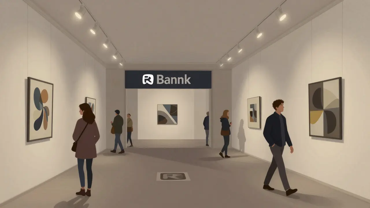 Galerie s integrovanými logy ve světelných prvcích, návštěvníci se dívají na loga místo umění.