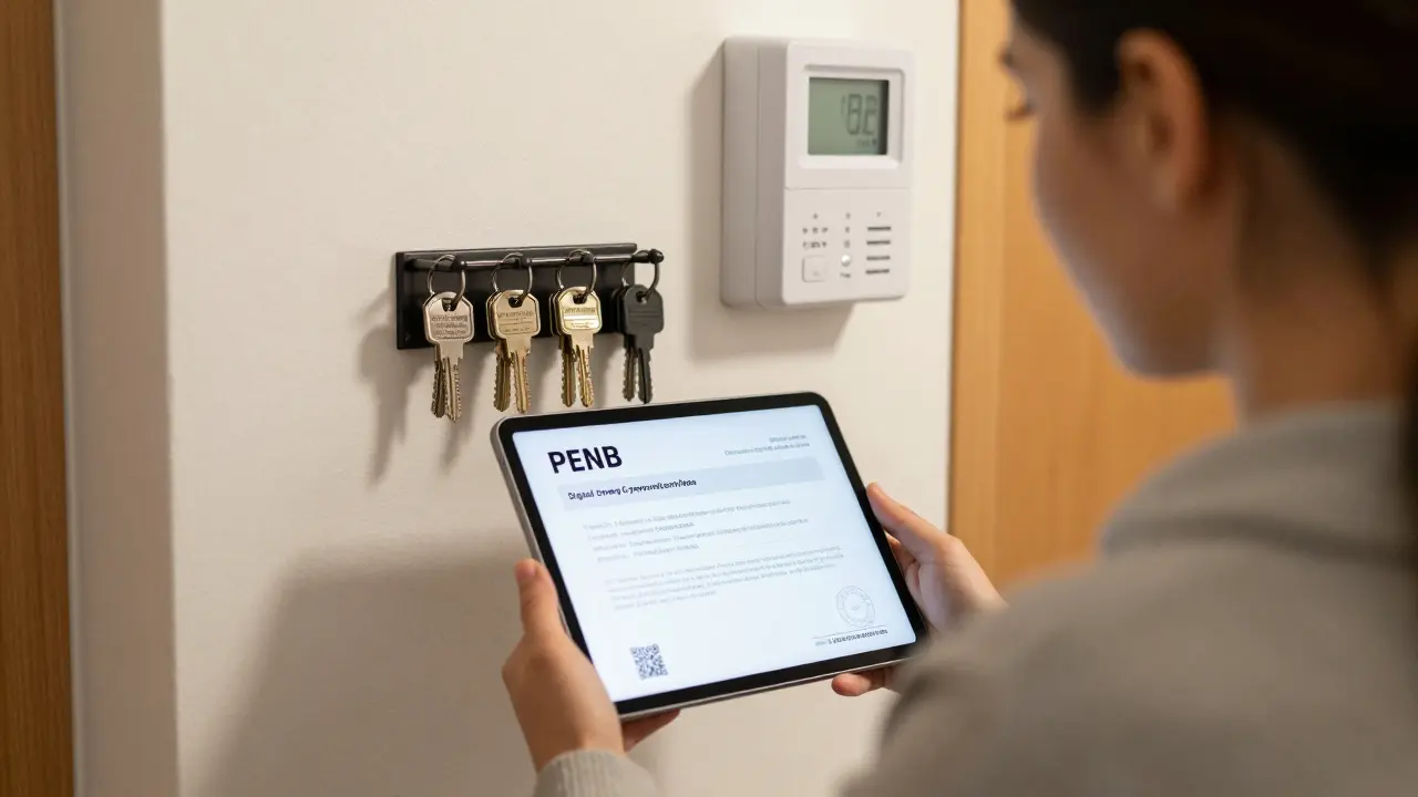 Homeowner showing PENB certificate to new buyer in hallway with keys and meter visible.