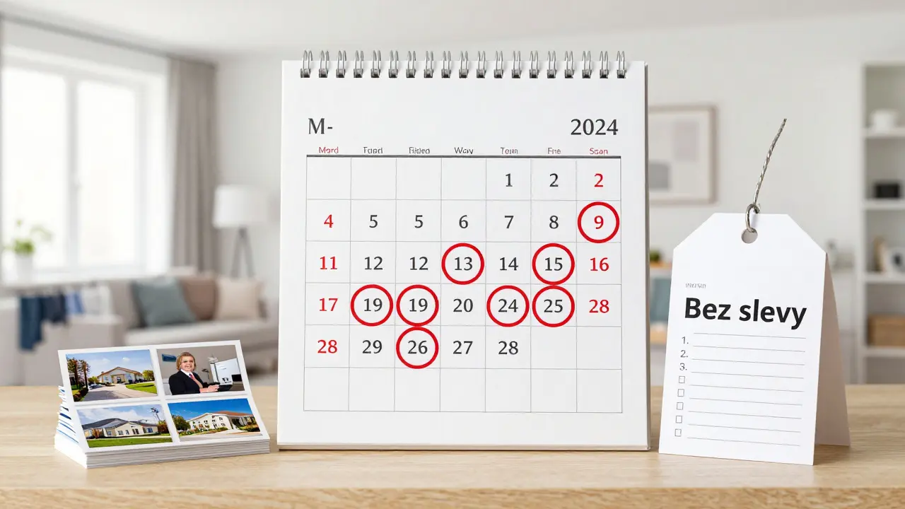 Kalendář s označenými 28 dny prodeje vedle profesionálních fotek a seznamu přípravy bytu.